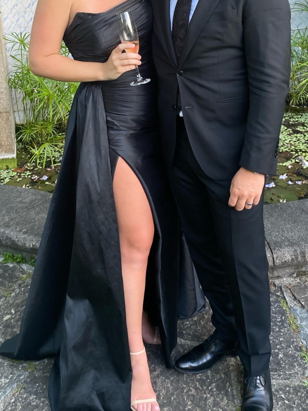 Elegant Strapless Black Tariq Ediz Satin Gown with High Slit